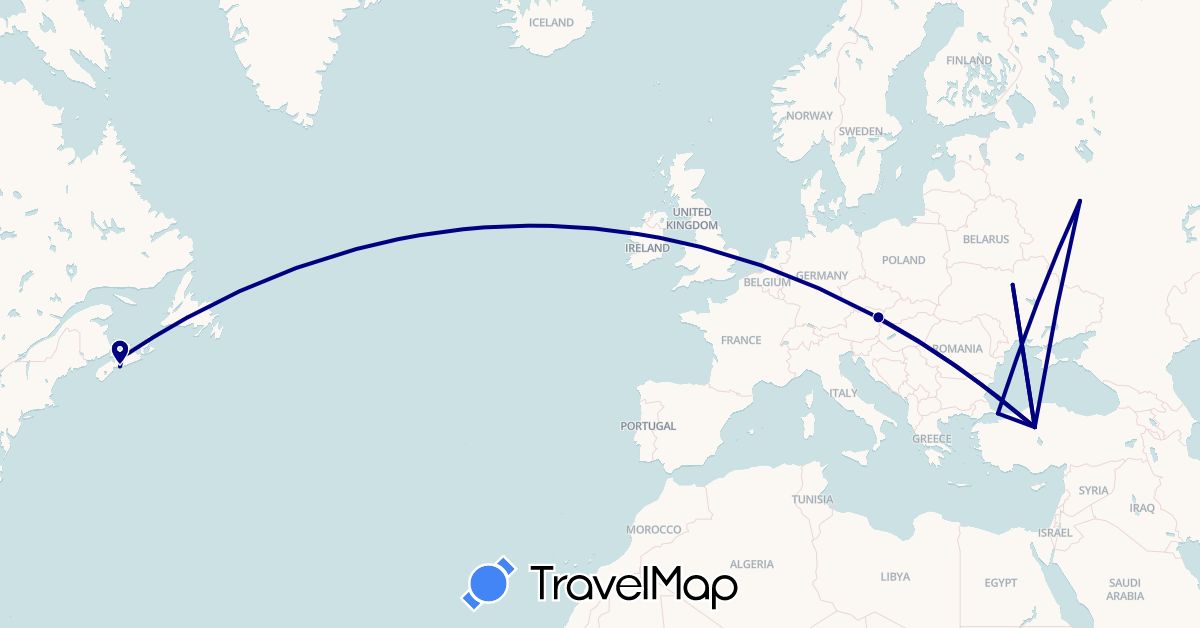 TravelMap itinerary: driving in Austria, Canada, Russia, Turkey, Ukraine (Asia, Europe, North America)